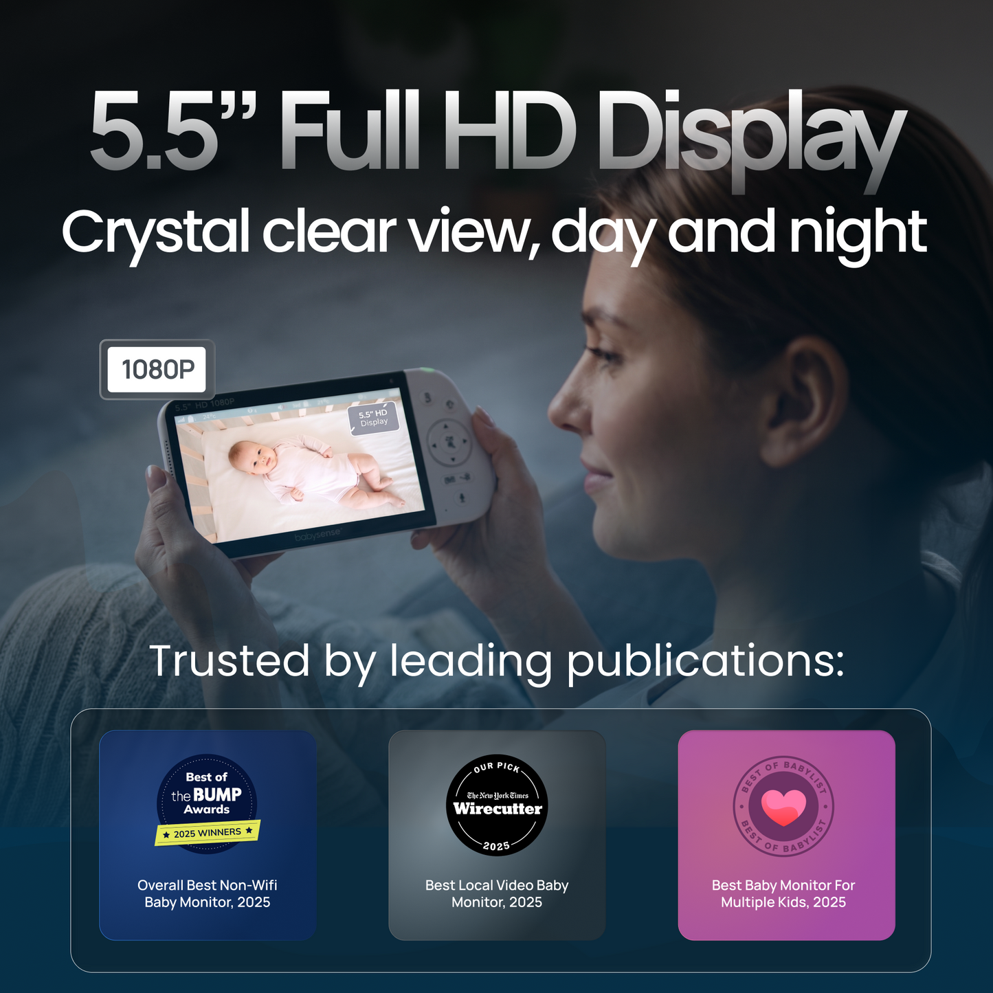 Babysense PRO: Video Baby Monitor with 2 Cameras, Non Wifi, Split Screen, Night Light & Sound Machine