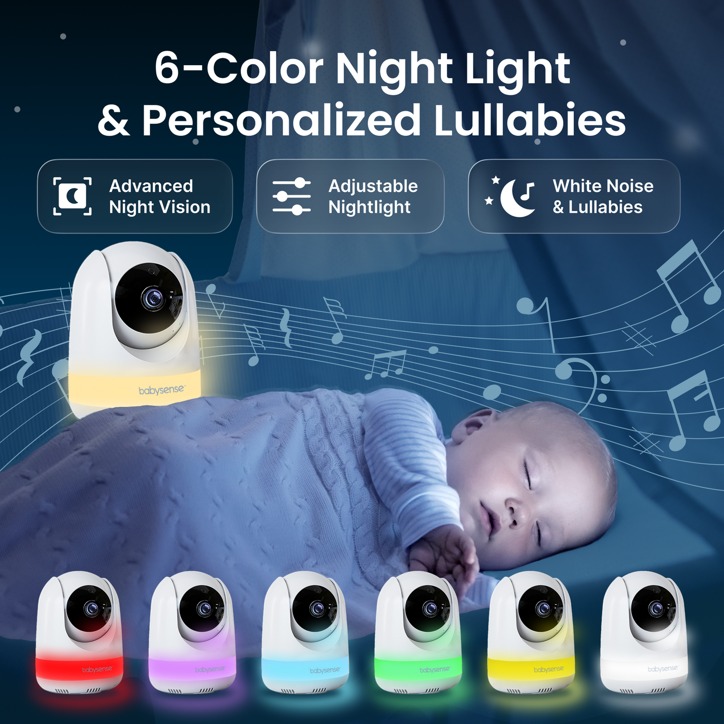 Babysense PRO: Video Baby Monitor with 2 Cameras, Non Wifi, Split Screen, Night Light & Sound Machine