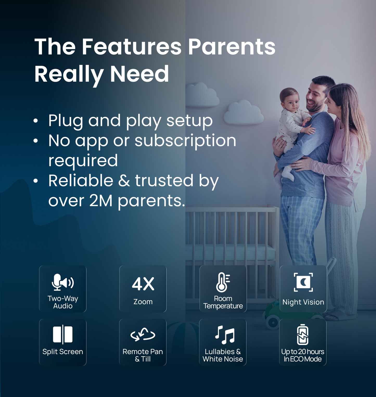 Babysense PRO: Video Baby Monitor with 2 Cameras, Non Wifi, Split Screen, Night Light & Sound Machine