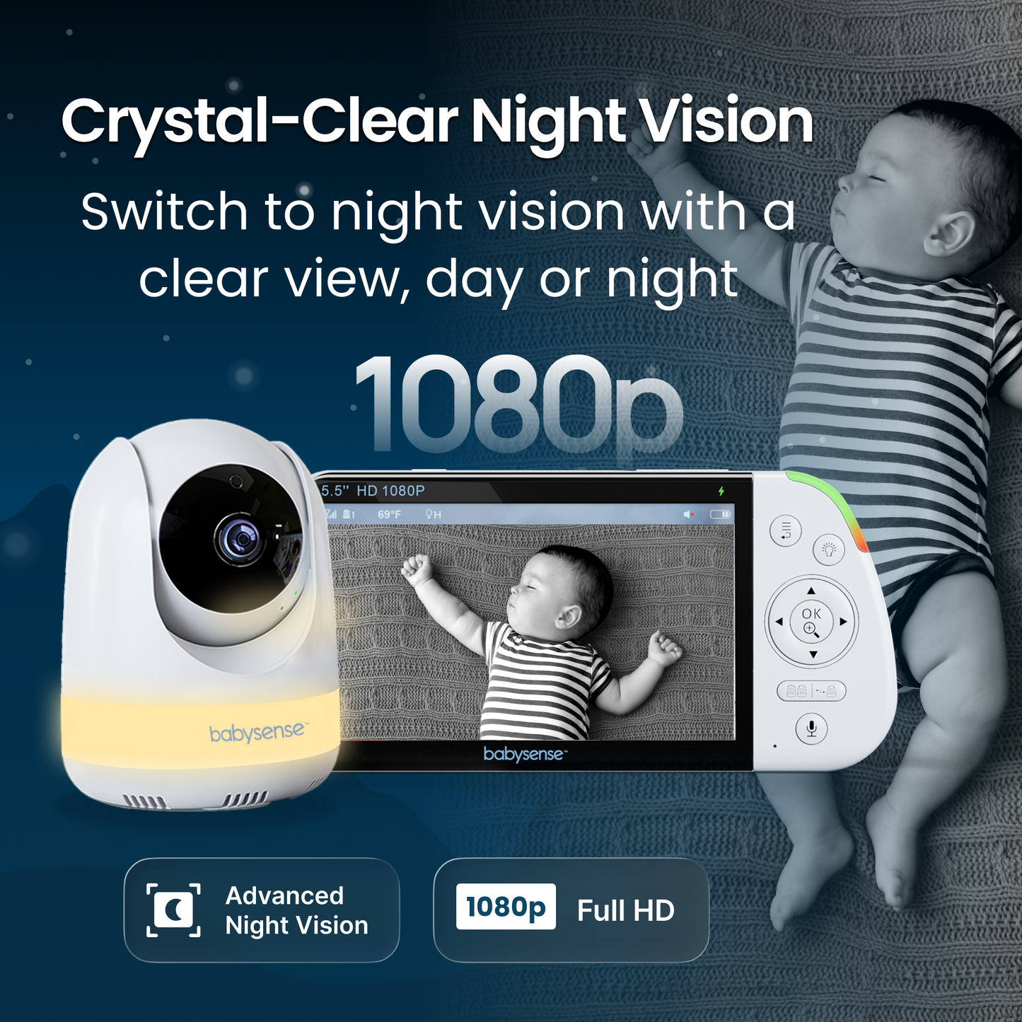 Babysense PRO: Video Baby Monitor with 2 Cameras, Non Wifi, Split Screen, Night Light & Sound Machine