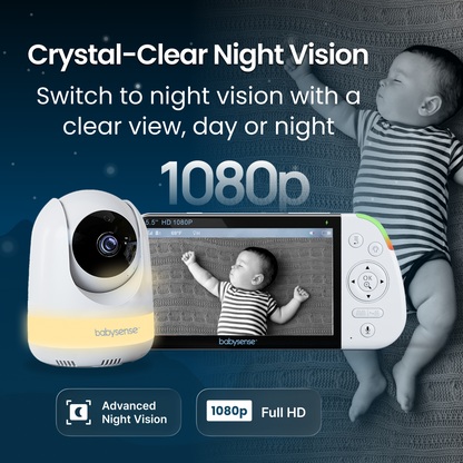 Babysense PRO: Video Baby Monitor with 2 Cameras, Non Wifi, Split Screen, Night Light & Sound Machine