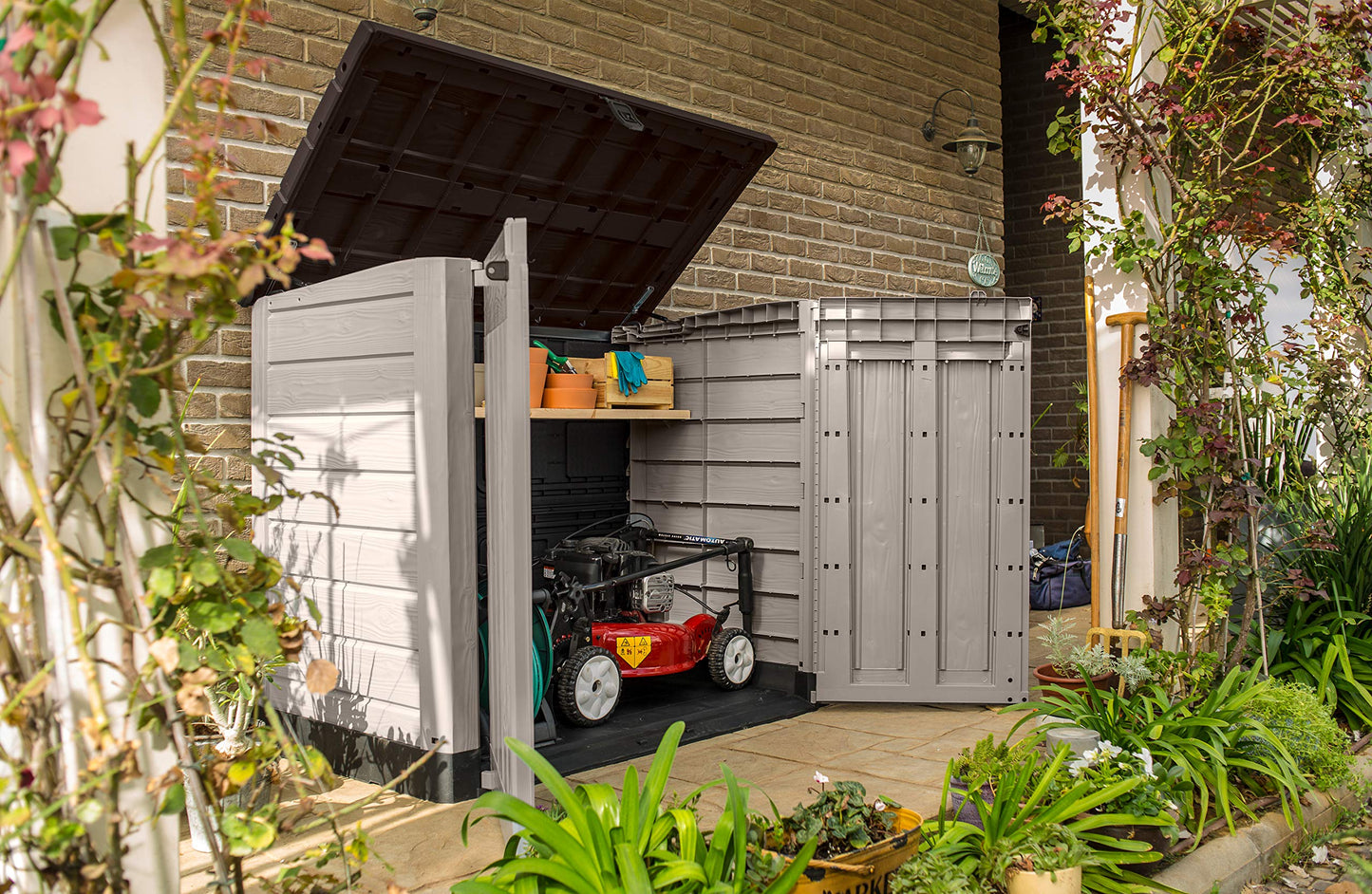 Keter Store It Out Pro Outdoor Garden Furniture Storage Shed Beige with Brown Lid Fade Free All Weather Resistant Safe and Secure Zero Maintenance 5 year Warranty