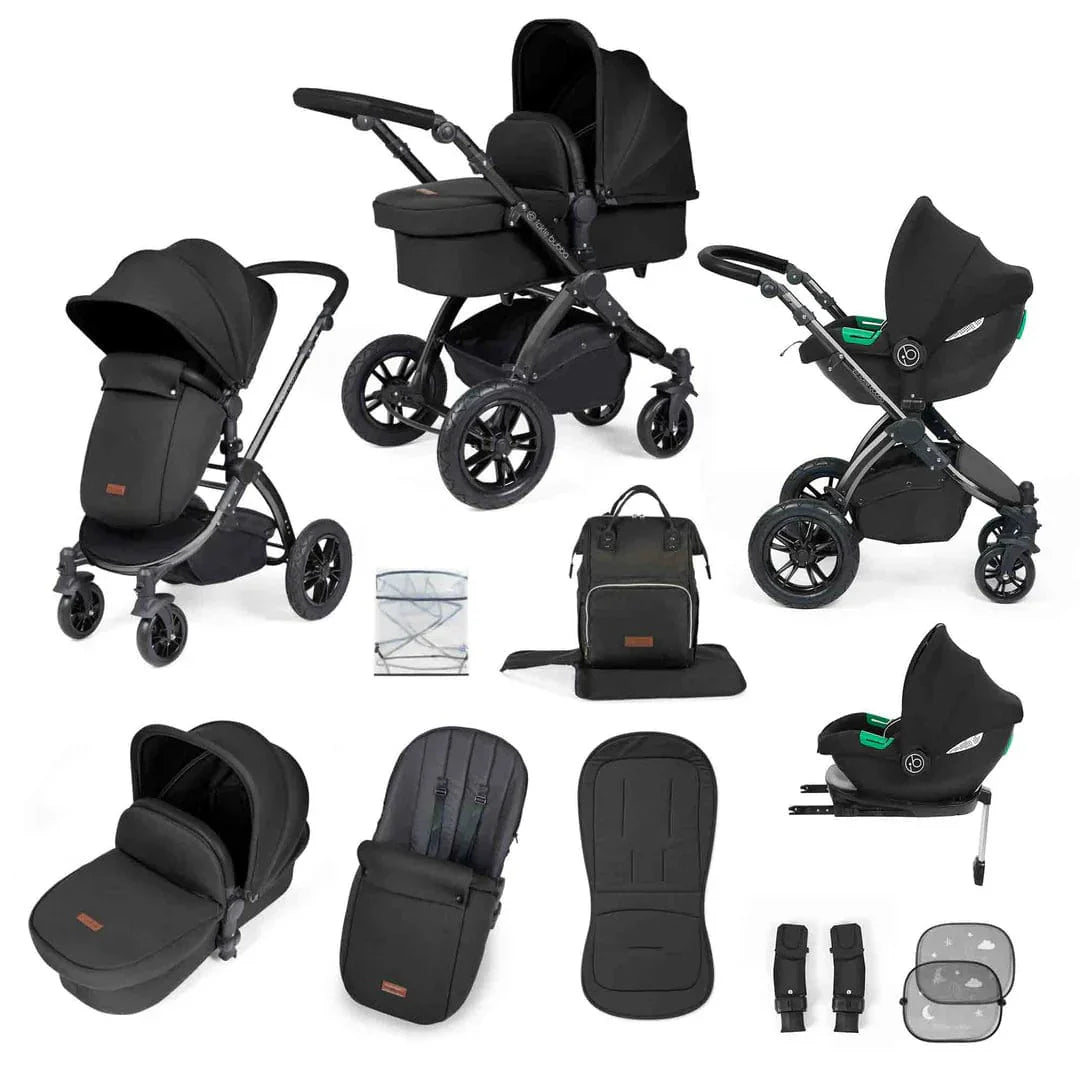 Ickle Bubba Stomp Luxe 12 Piece Travel System with i-Size Cirrus Car Seat & ISOFIX Base - Black / Midnight / Black